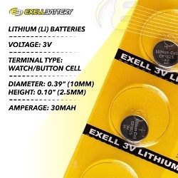 Exell Battery EB-CR1025 Coin Cell Battery, Lithium-Ion, 3 V Nominal, 30 mAh Nominal Capacity